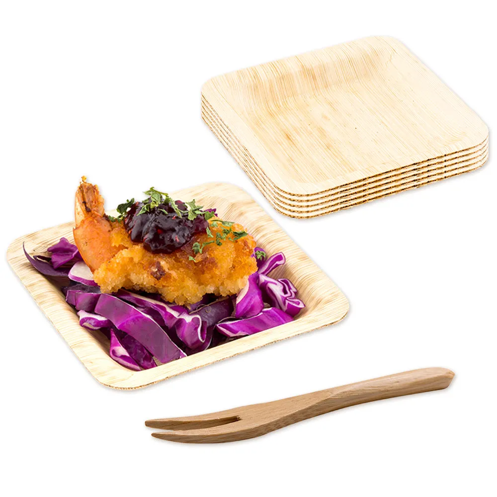 100 Square Leaf 3.6" Plates and 100 Natural Bamboo 3.5" Mini Forks