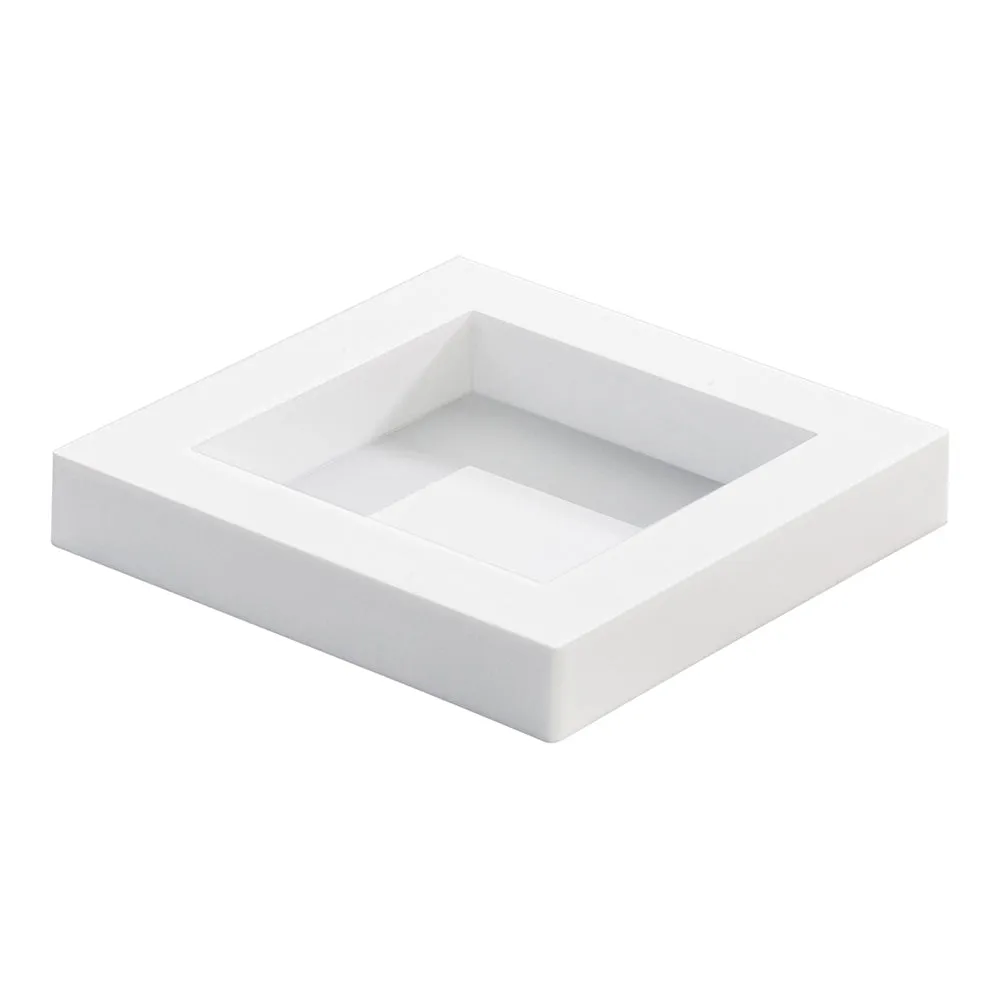 100 Square White 2.5" Plastic Mini Cubic Plates and 100 Silver Plastic 4" Mini Spoons