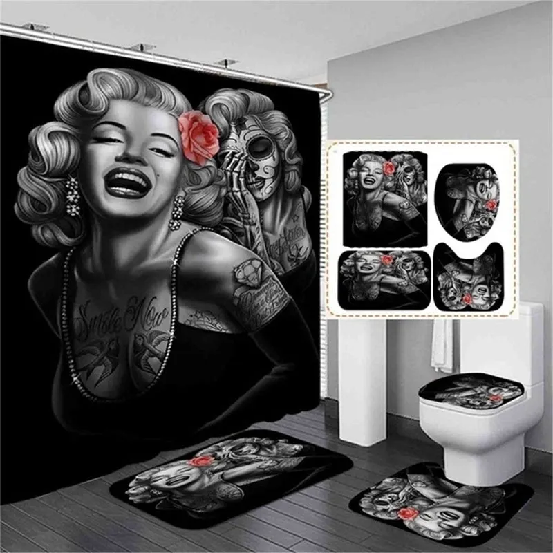 1/3/4 Pcs Sexy Marilyn Monroe Bathroom Set with Non-Slip Rug   Toilet Lid Cover   Bath Mat   12 Hooks Waterproof Fabric Bath Curtains Home Bathroom Accessories