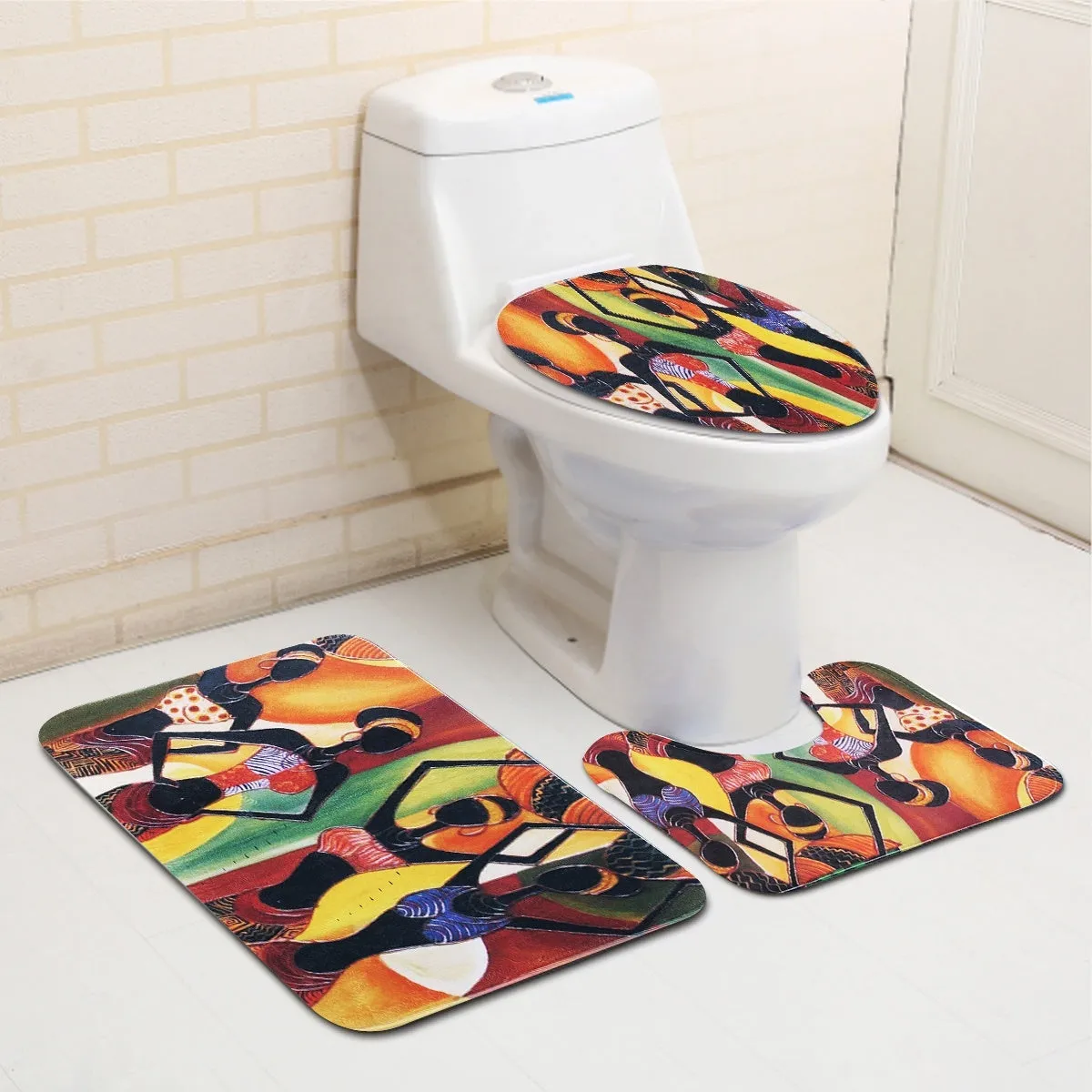 2018 New Arrivals National Flavor Africa Girl Pattern Bathroom Four-piece Suit, Polyester Shower Curtain Bathroom Pedestal Rug Lid Toilet Cover Bath Mat Set