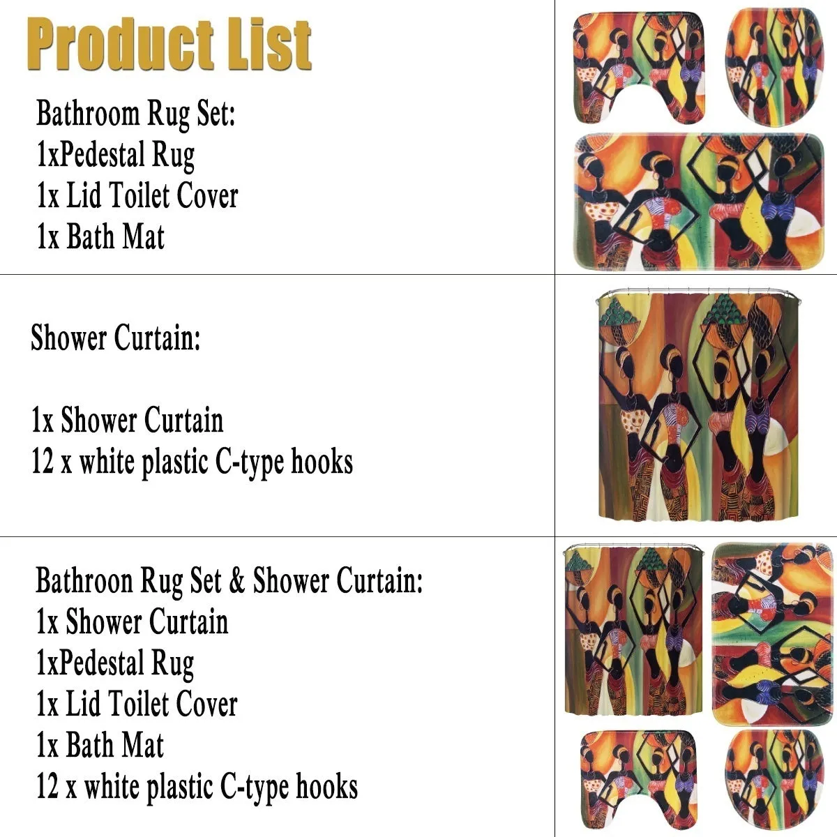 2018 New Arrivals National Flavor Africa Girl Pattern Bathroom Four-piece Suit, Polyester Shower Curtain Bathroom Pedestal Rug Lid Toilet Cover Bath Mat Set