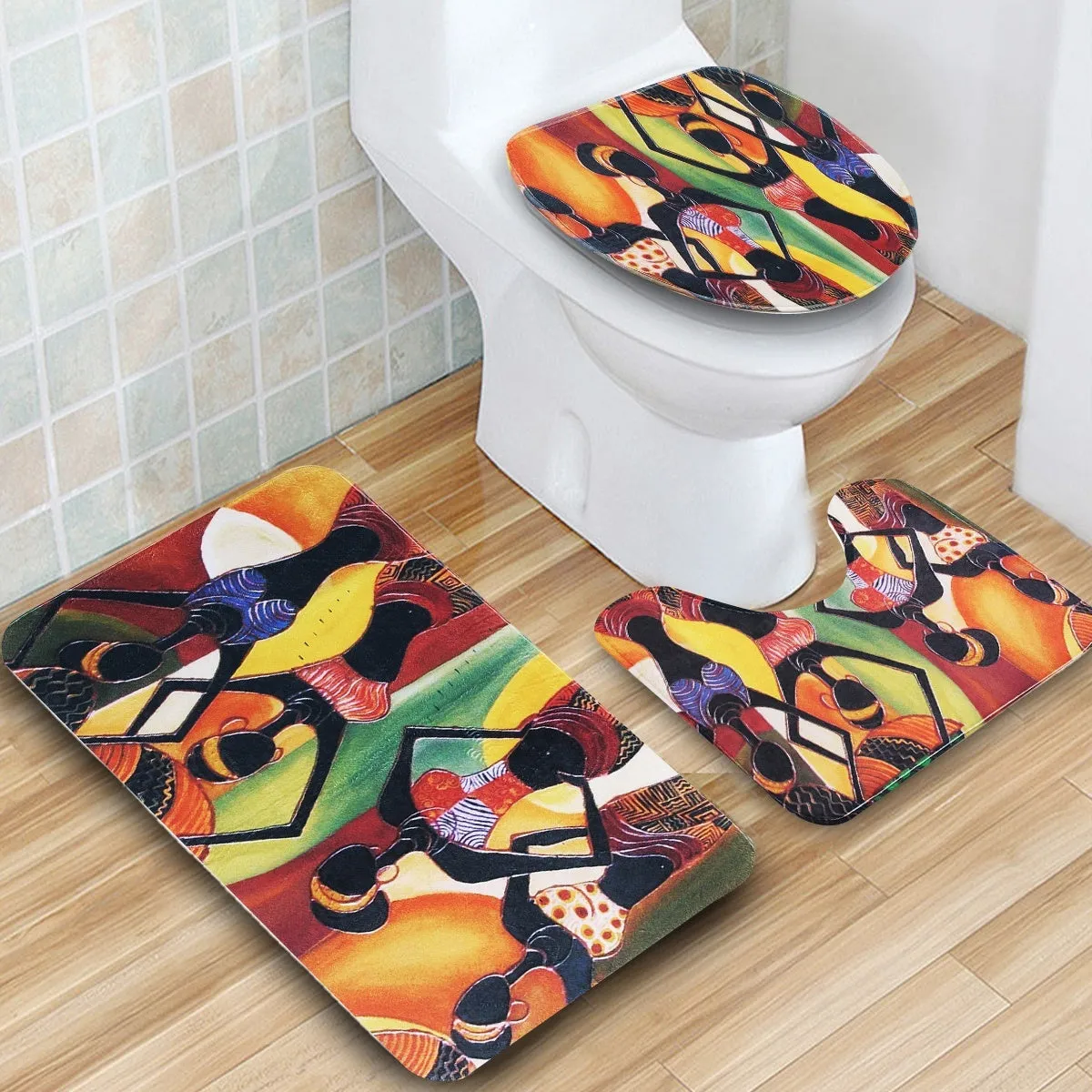 2018 New Arrivals National Flavor Africa Girl Pattern Bathroom Four-piece Suit, Polyester Shower Curtain Bathroom Pedestal Rug Lid Toilet Cover Bath Mat Set