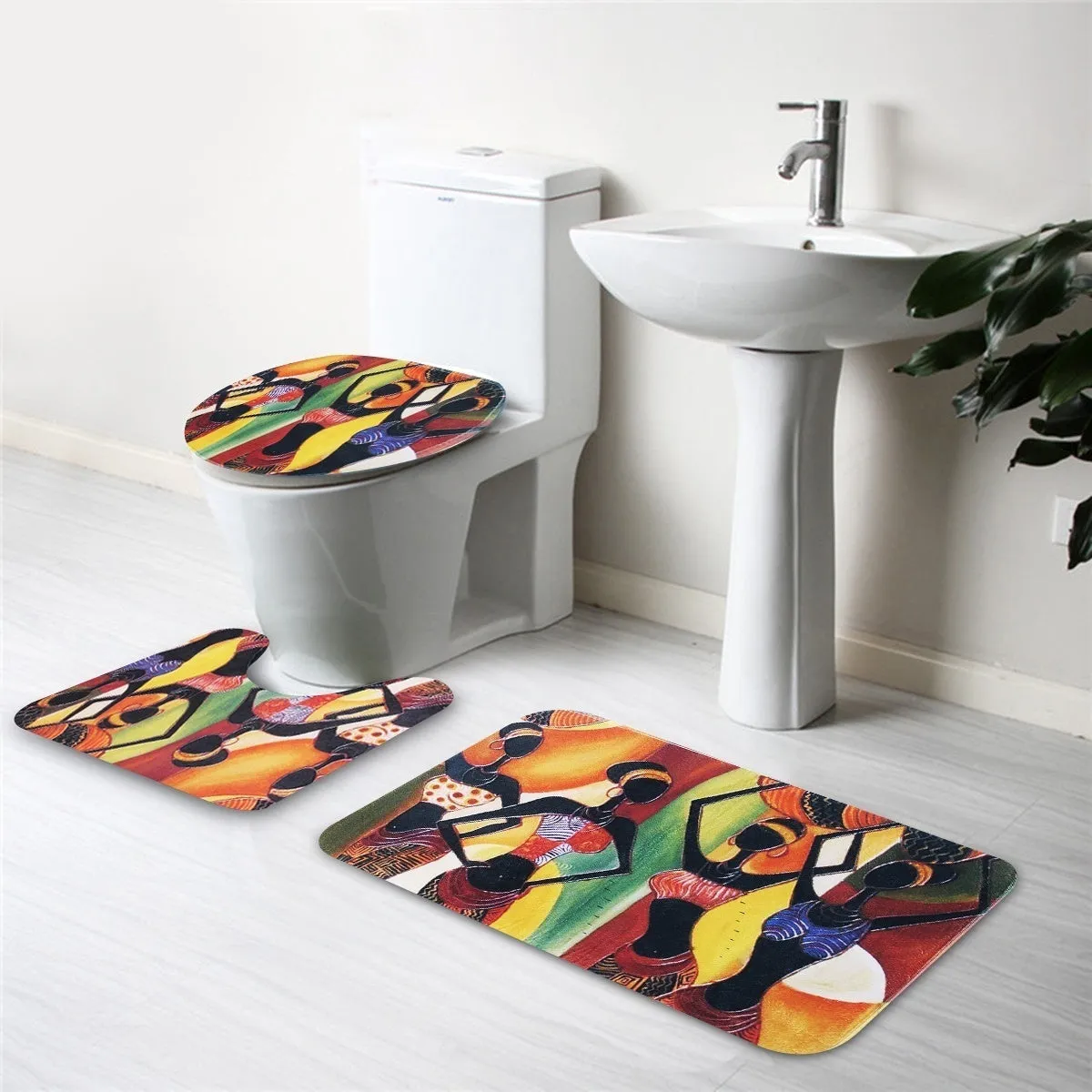 2018 New Arrivals National Flavor Africa Girl Pattern Bathroom Four-piece Suit, Polyester Shower Curtain Bathroom Pedestal Rug Lid Toilet Cover Bath Mat Set