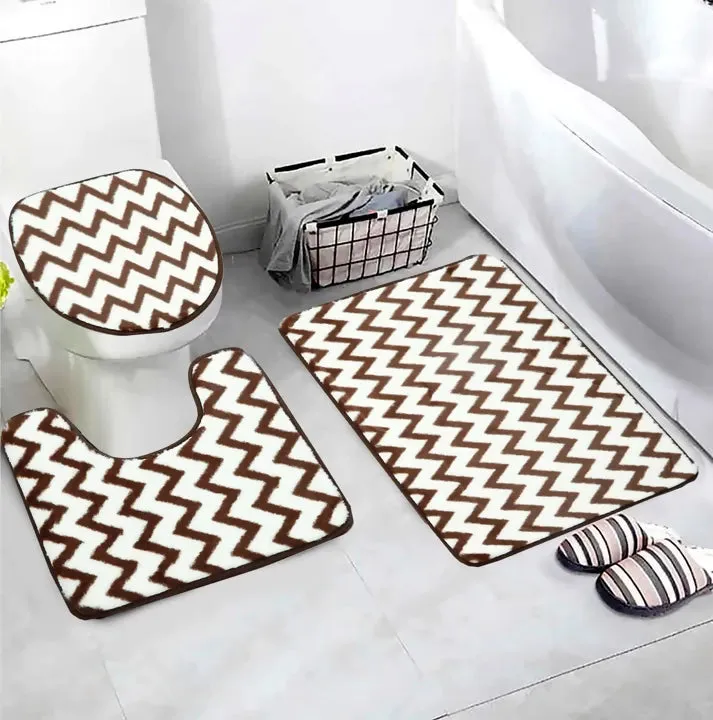 3 PCs Anti Skid Commode Mat Set-Brown Geometric