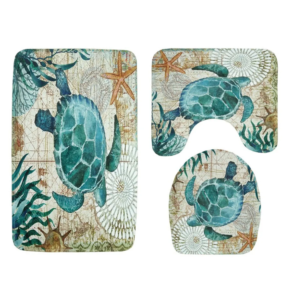 3pcs Toilet Seat Cushion Toilet Cover Mat and Pedestal Rug Mat and Bath Mat Sea Turtles Style