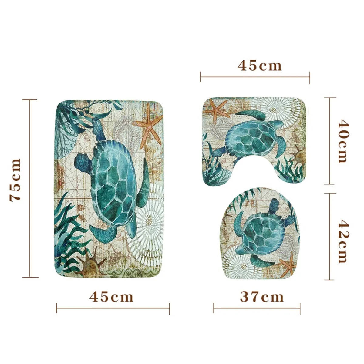 3pcs Toilet Seat Cushion Toilet Cover Mat and Pedestal Rug Mat and Bath Mat Sea Turtles Style