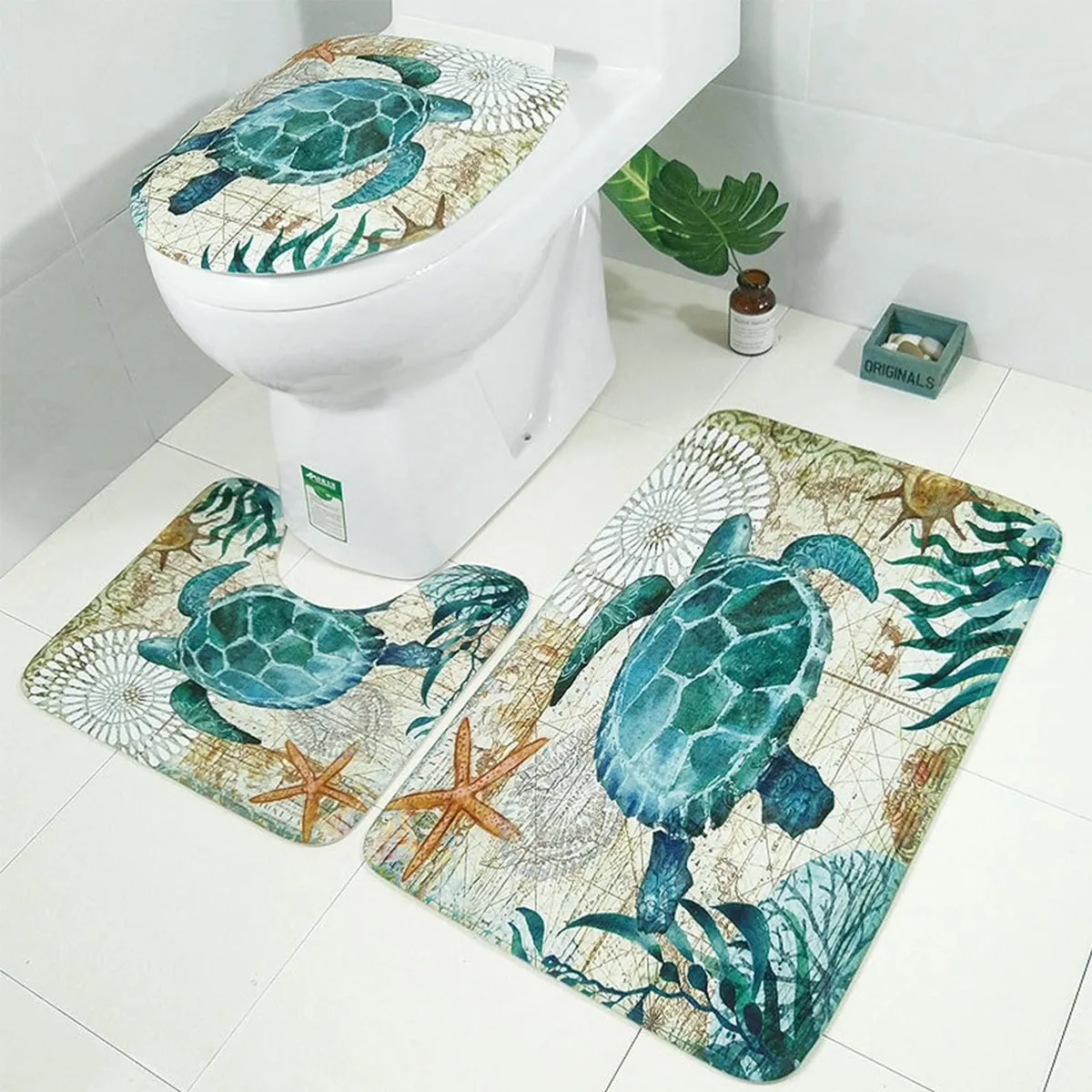 3pcs Toilet Seat Cushion Toilet Cover Mat and Pedestal Rug Mat and Bath Mat Sea Turtles Style