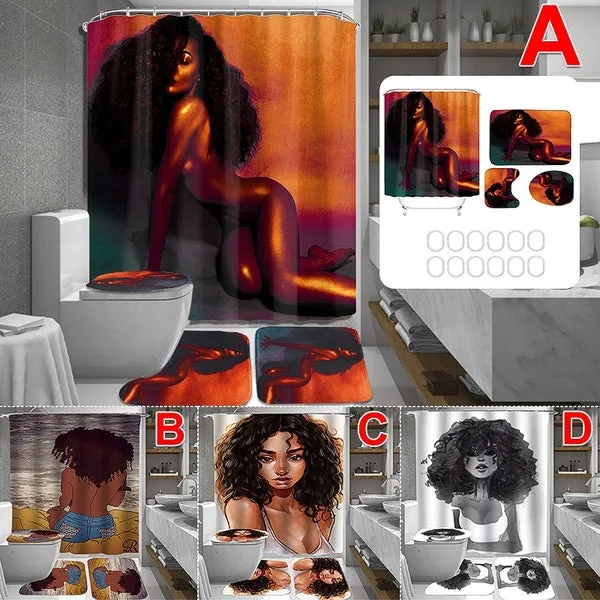 4PCS/SETS 180x180cm African Women Bathroom Pedestal Rug Lid Toilet Cover Bath Mat Shower Curtain