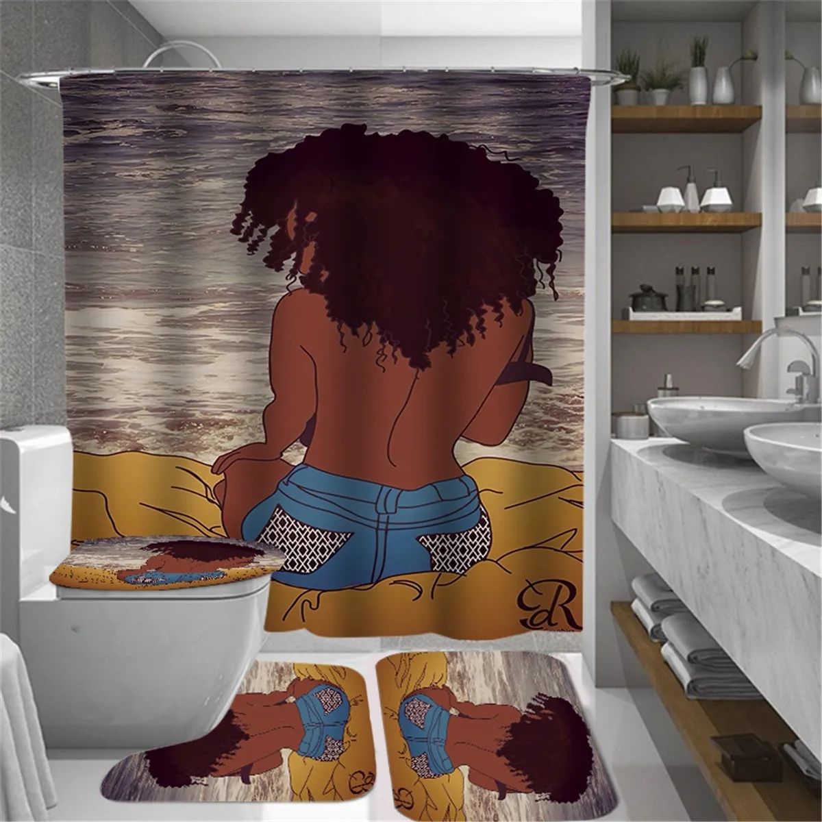 4PCS/SETS 180x180cm African Women Bathroom Pedestal Rug Lid Toilet Cover Bath Mat Shower Curtain