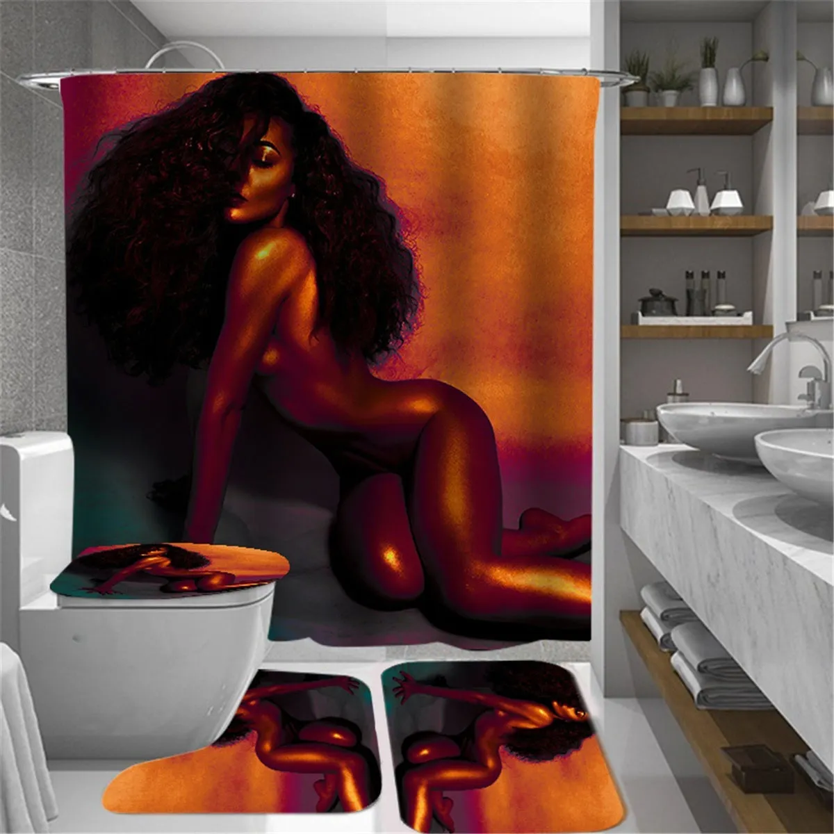 4PCS/SETS 180x180cm African Women Bathroom Pedestal Rug Lid Toilet Cover Bath Mat Shower Curtain