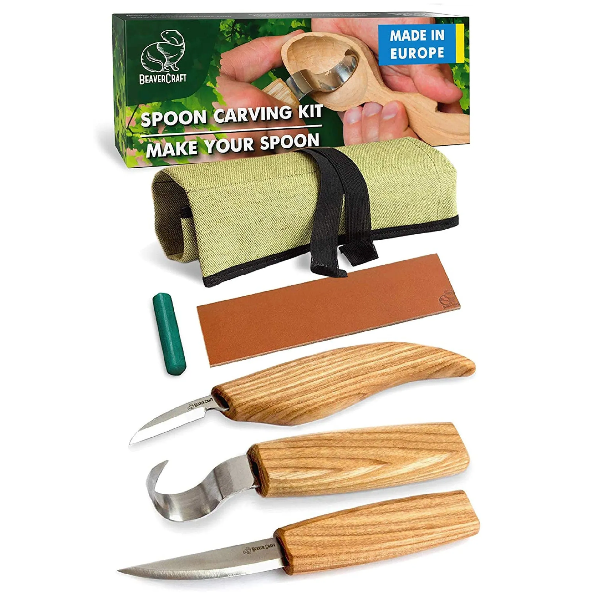 BeaverCraft S13 Wood Carving Tool Set For Carving Spoons 3 Knives In Tools | Roll Leather Strap