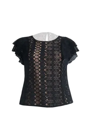 Black Laced Patterned Top With Back Keyhole & Beige Lining