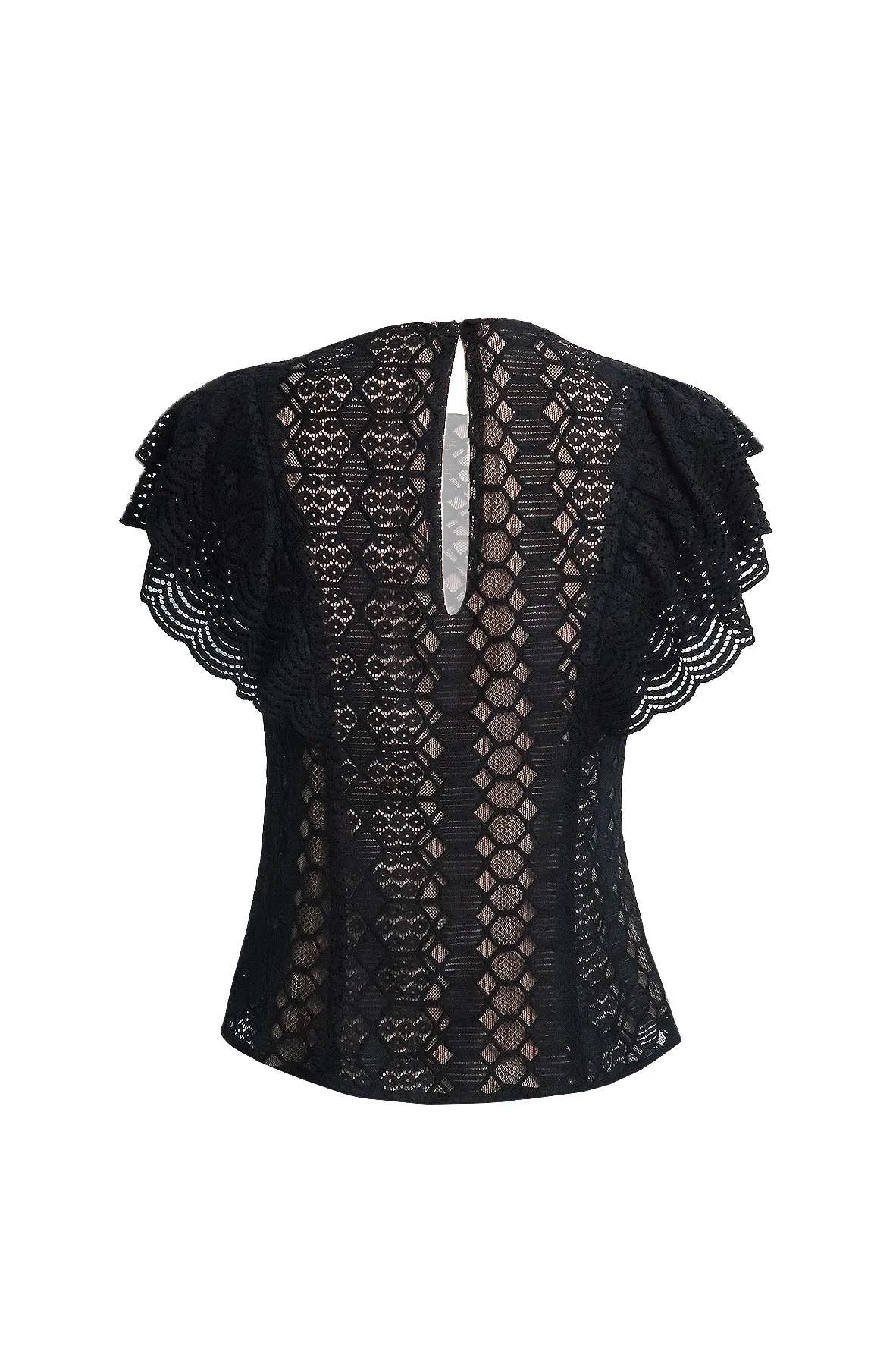 Black Laced Patterned Top With Back Keyhole & Beige Lining