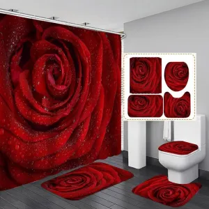 Blooming Red Rose Flower HD Print Waterproof Shower Curtain Flannel Non-slip Bath Mat Toilet Lid Cover Pedestal Rug Bathroom Decor Set