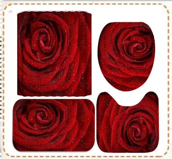 Blooming Red Rose Flower HD Print Waterproof Shower Curtain Flannel Non-slip Bath Mat Toilet Lid Cover Pedestal Rug Bathroom Decor Set