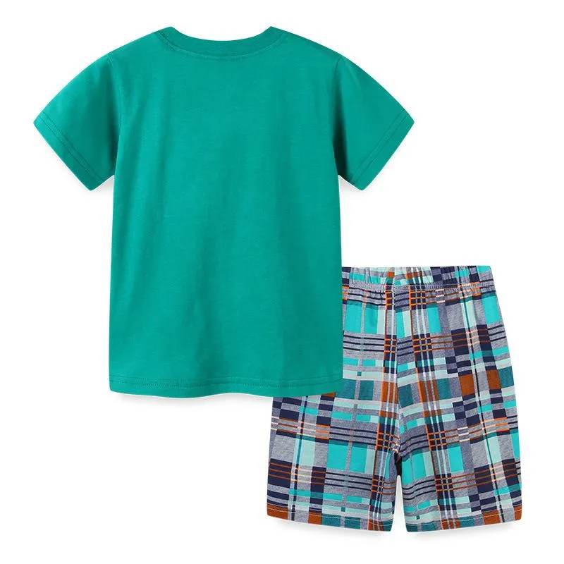 Boy's Whale Print Tee with Plaid Shorts Set