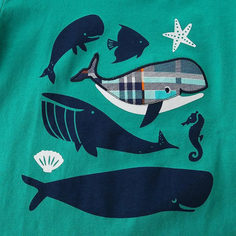 Boy's Whale Print Tee with Plaid Shorts Set