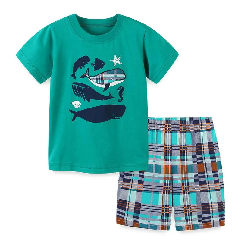 Boy's Whale Print Tee with Plaid Shorts Set