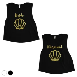 Bride Mermaid Seashell-GOLD Womens Crop Top Fun Energetic Cute Gift