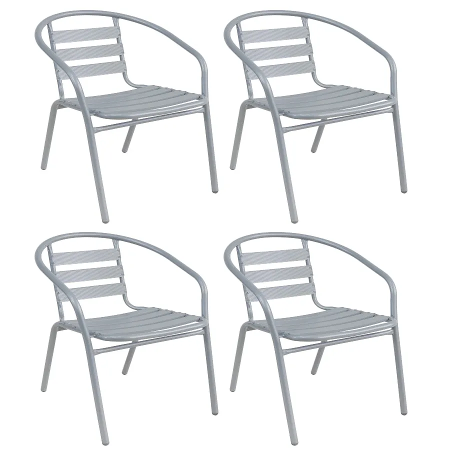 BTExpert Indoor Outdoor Set of 4 Silver Gray Restaurant Metal Aluminum Slat Stack Chairs Lightweight