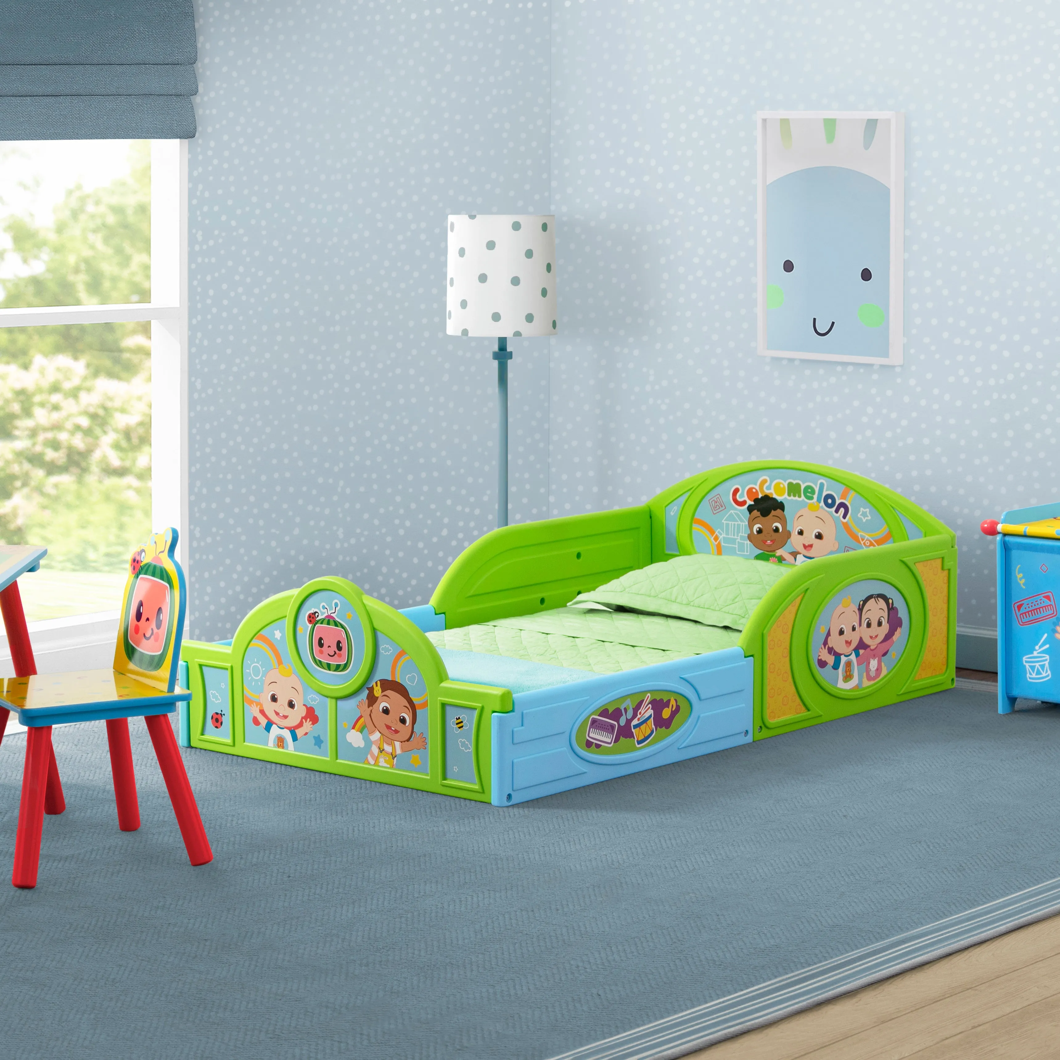 CoComelon 4-Piece Toddler Room-in-a-Box Set – Includes Sleep and Play Toddler Bed, Table, 1 Chair and Toy Box