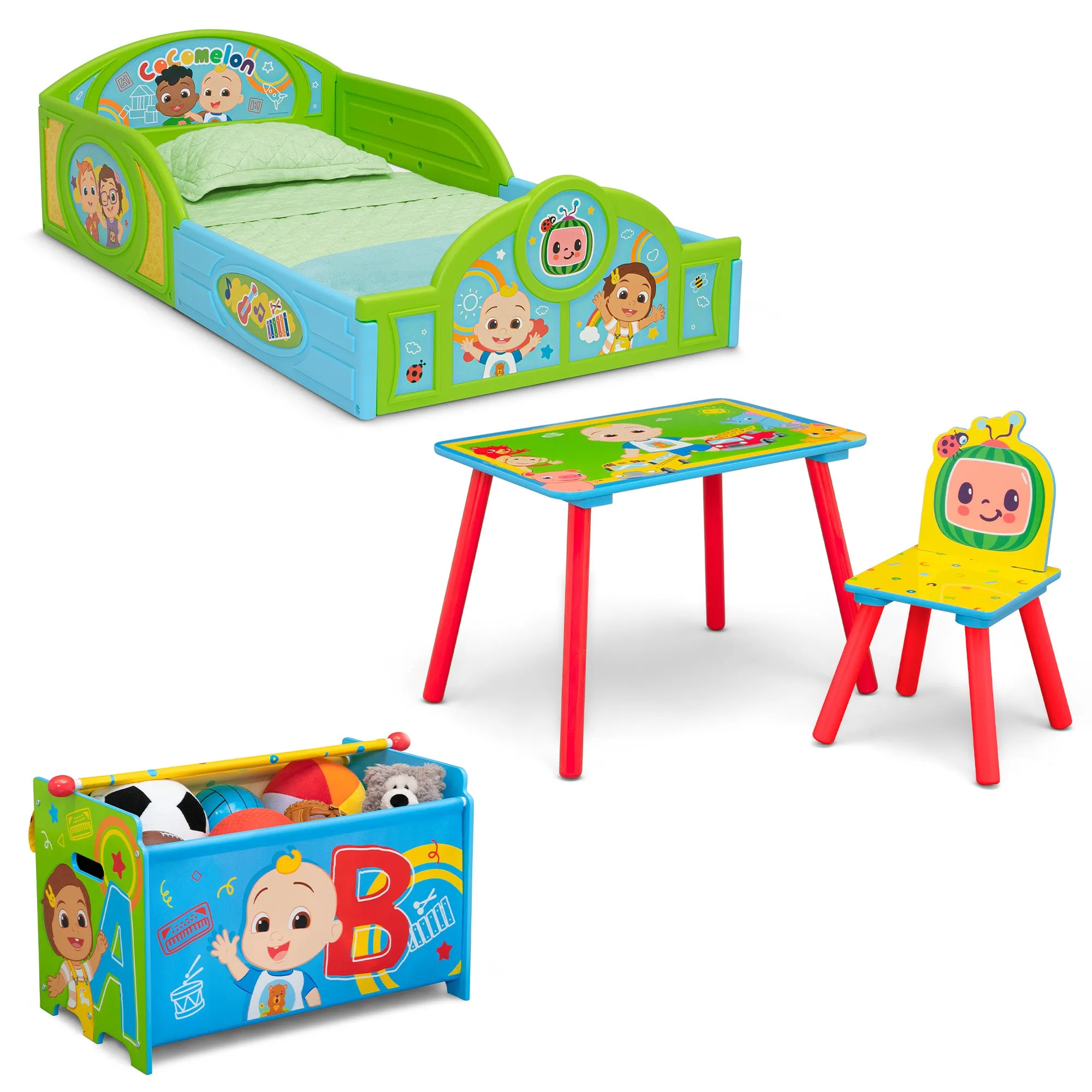 CoComelon 4-Piece Toddler Room-in-a-Box Set – Includes Sleep and Play Toddler Bed, Table, 1 Chair and Toy Box