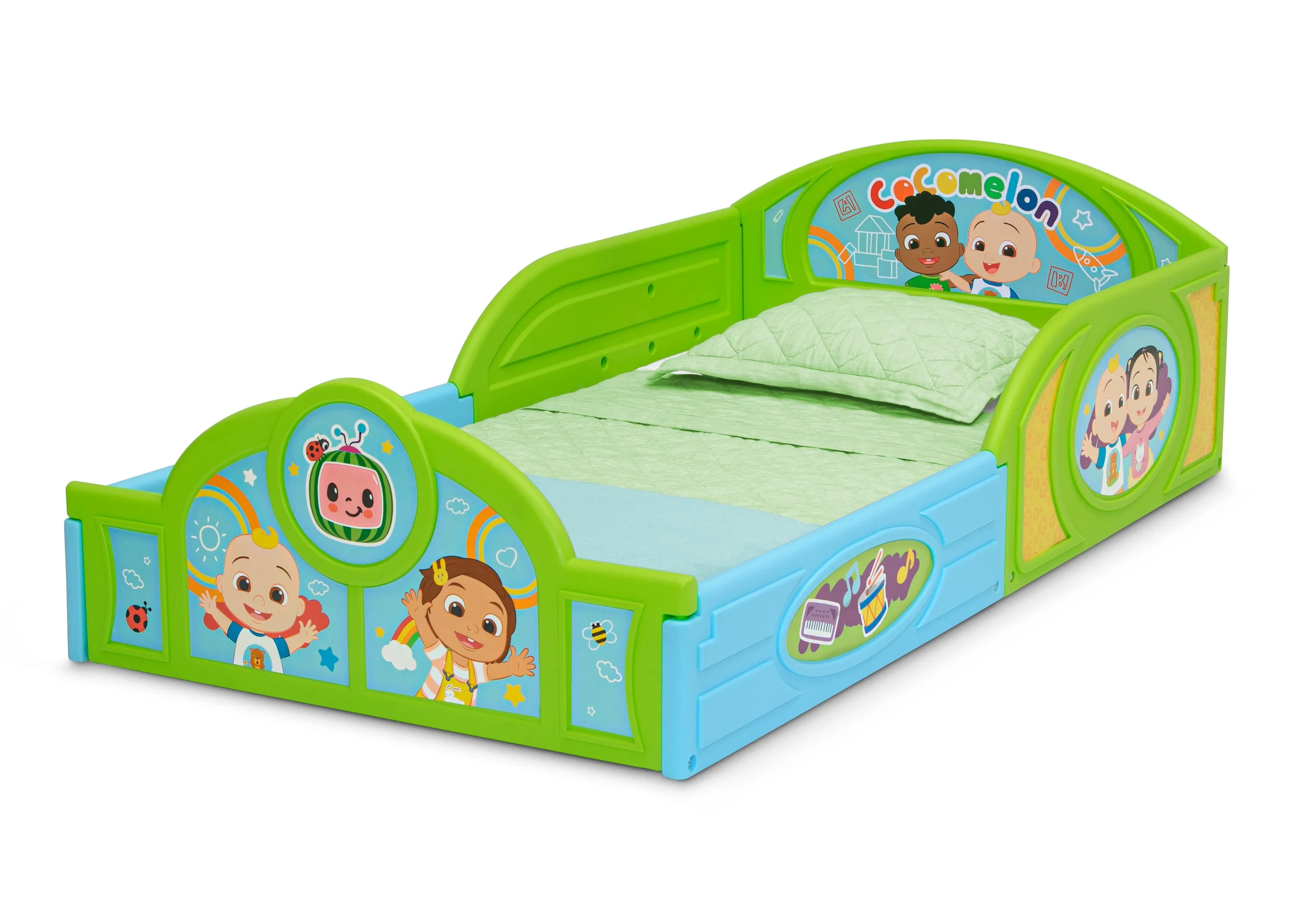 CoComelon 4-Piece Toddler Room-in-a-Box Set – Includes Sleep and Play Toddler Bed, Table, 1 Chair and Toy Box