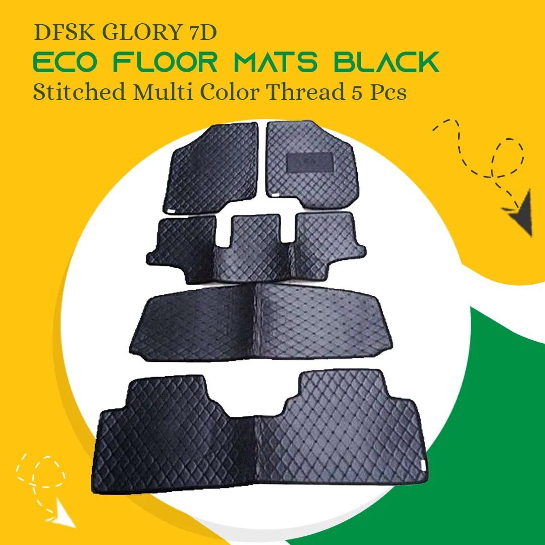 DFSK Glory 7D Eco Floor Mats Black Stitched Multi Color Thread 5 Pcs - Model 2020-2024