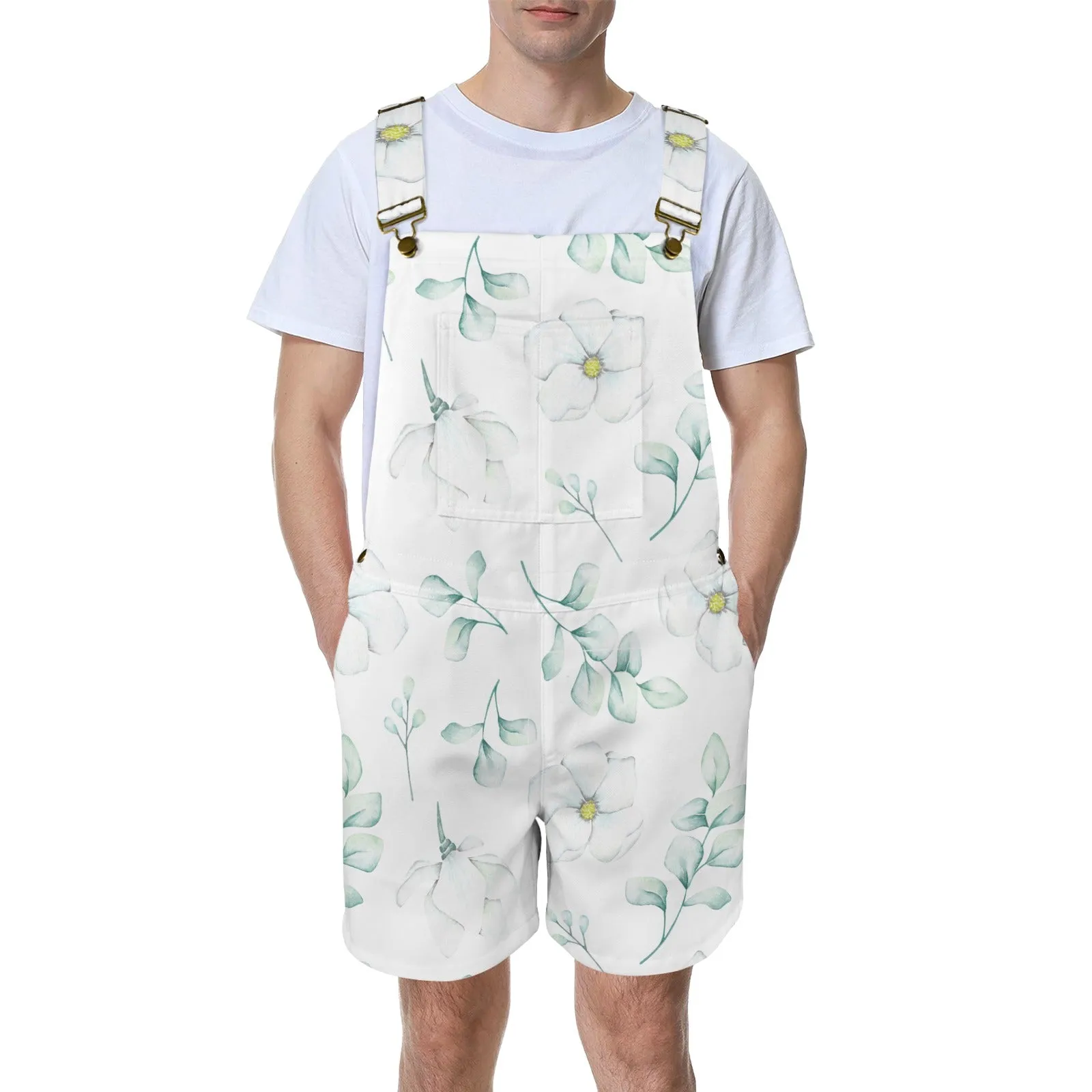 Eucalyptus White Floral Unisex Shorts Suspender Jumpsuit