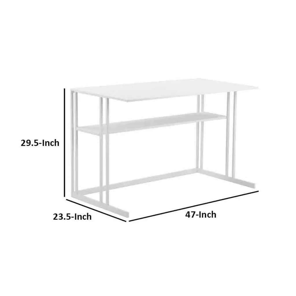 Femi 47 Inch Office Desk with Shelf, Open Steel Base, Modern White Finish By Casagear Home