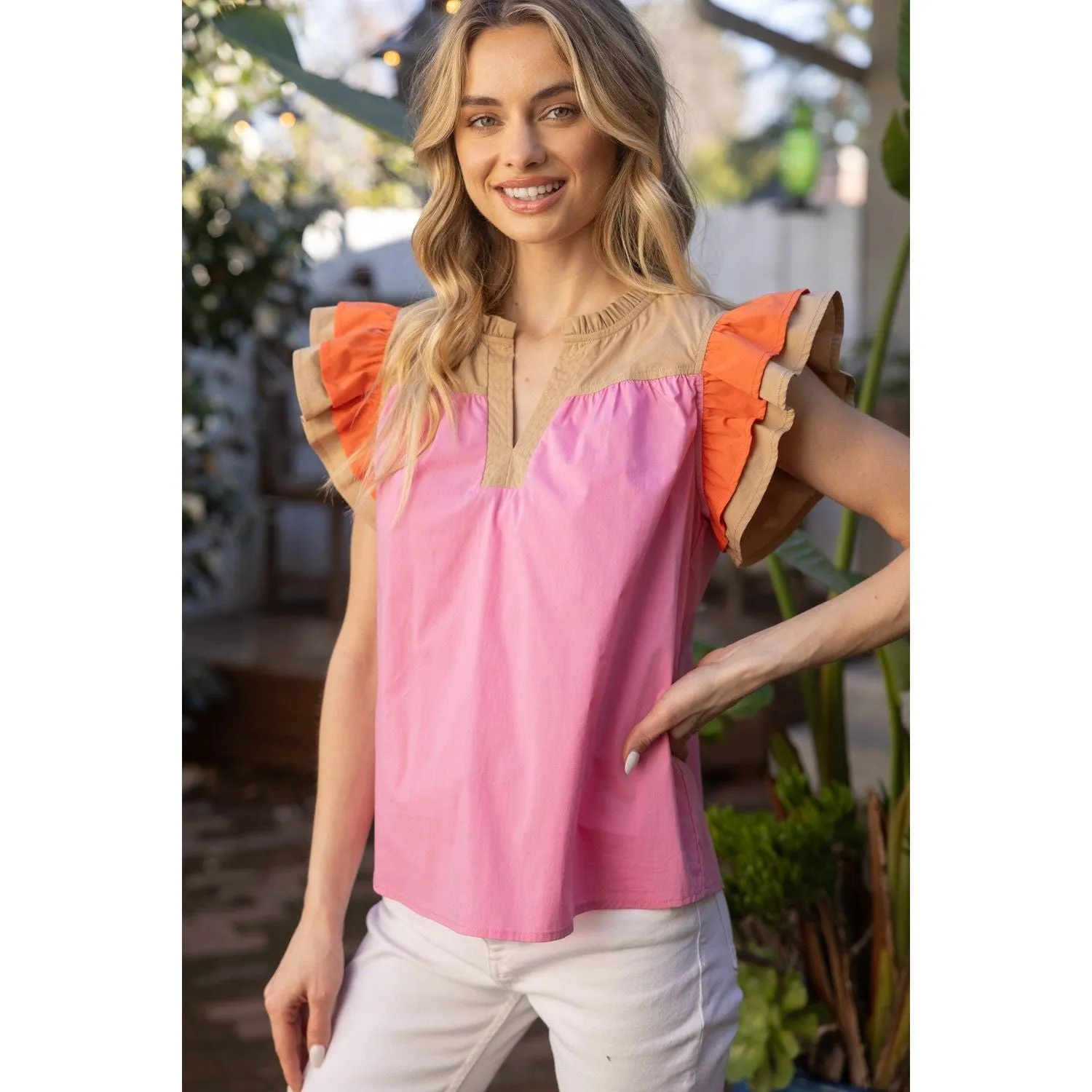 Gloria Color Block Multi Stitched Placket Poplin VOY Top