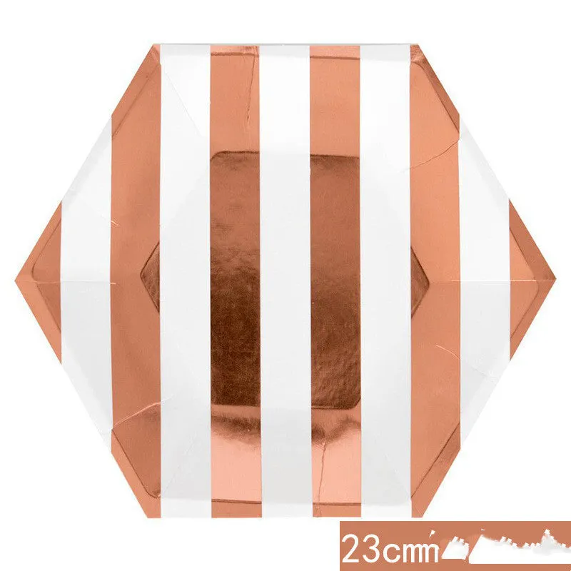 Hot Rose Gold Hexagonal Striped Paper Plate Paper Cup