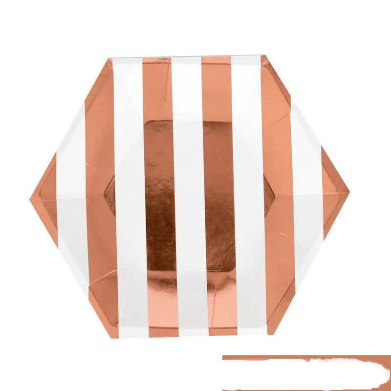 Hot Rose Gold Hexagonal Striped Paper Plate Paper Cup