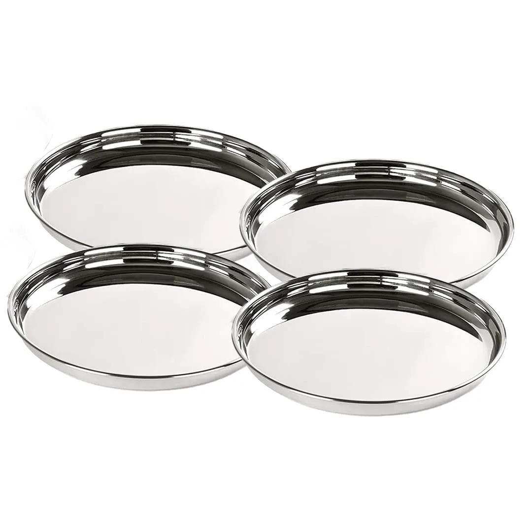 Kuber Industries Stainless Steel Dining Plate Set | Blunt Edges, Deep Base | Glossy Finish, Durable, Easy to Clean | Steel Plates for Lunch, Breakfast, Dinner | Set of 4 (Pack of 5)