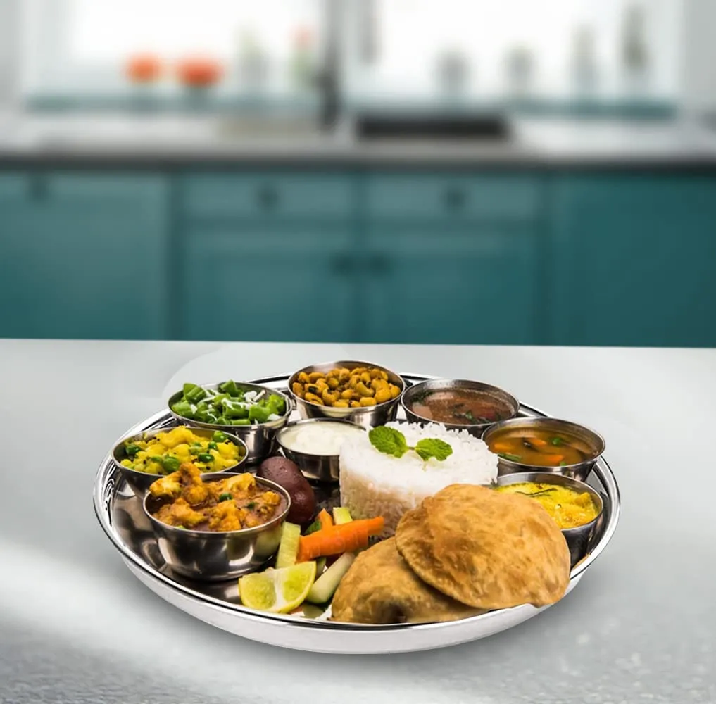 Kuber Industries Stainless Steel Dining Plate Set | Blunt Edges, Deep Base | Glossy Finish, Durable, Easy to Clean | Steel Plates for Lunch, Breakfast, Dinner | Set of 4 (Pack of 5)