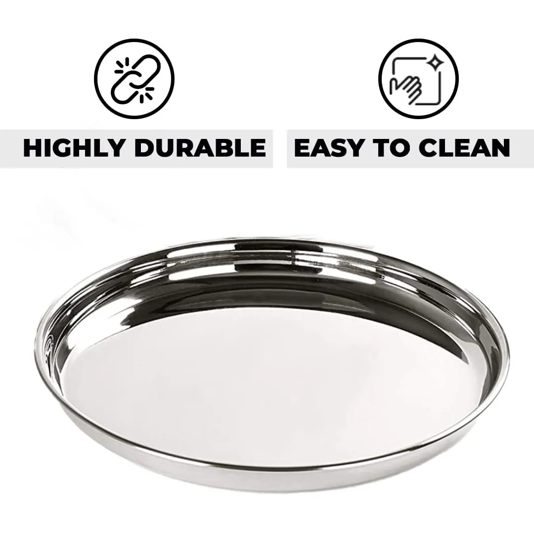 Kuber Industries Stainless Steel Dining Plate Set | Blunt Edges, Deep Base | Glossy Finish, Durable, Easy to Clean | Steel Plates for Lunch, Breakfast, Dinner | Set of 4 (Pack of 5)