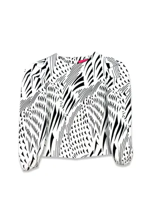 Long Sleeve Puff Sleeve Top - White Abstract