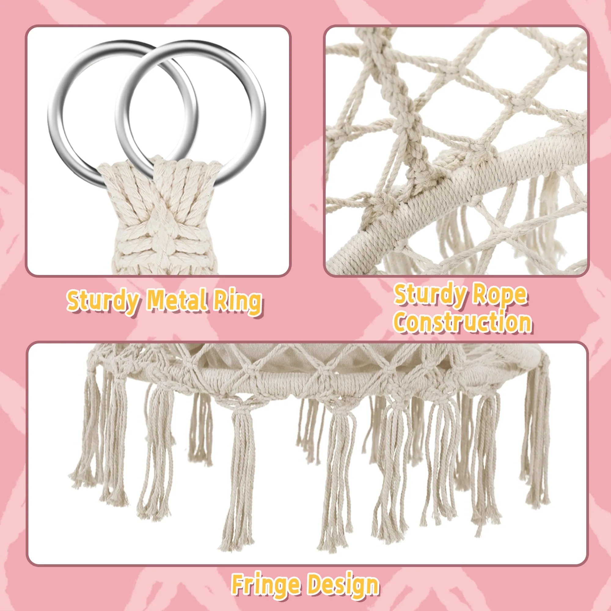 Macrame Hammock Hanging Swinging Chair with Medium Cushion