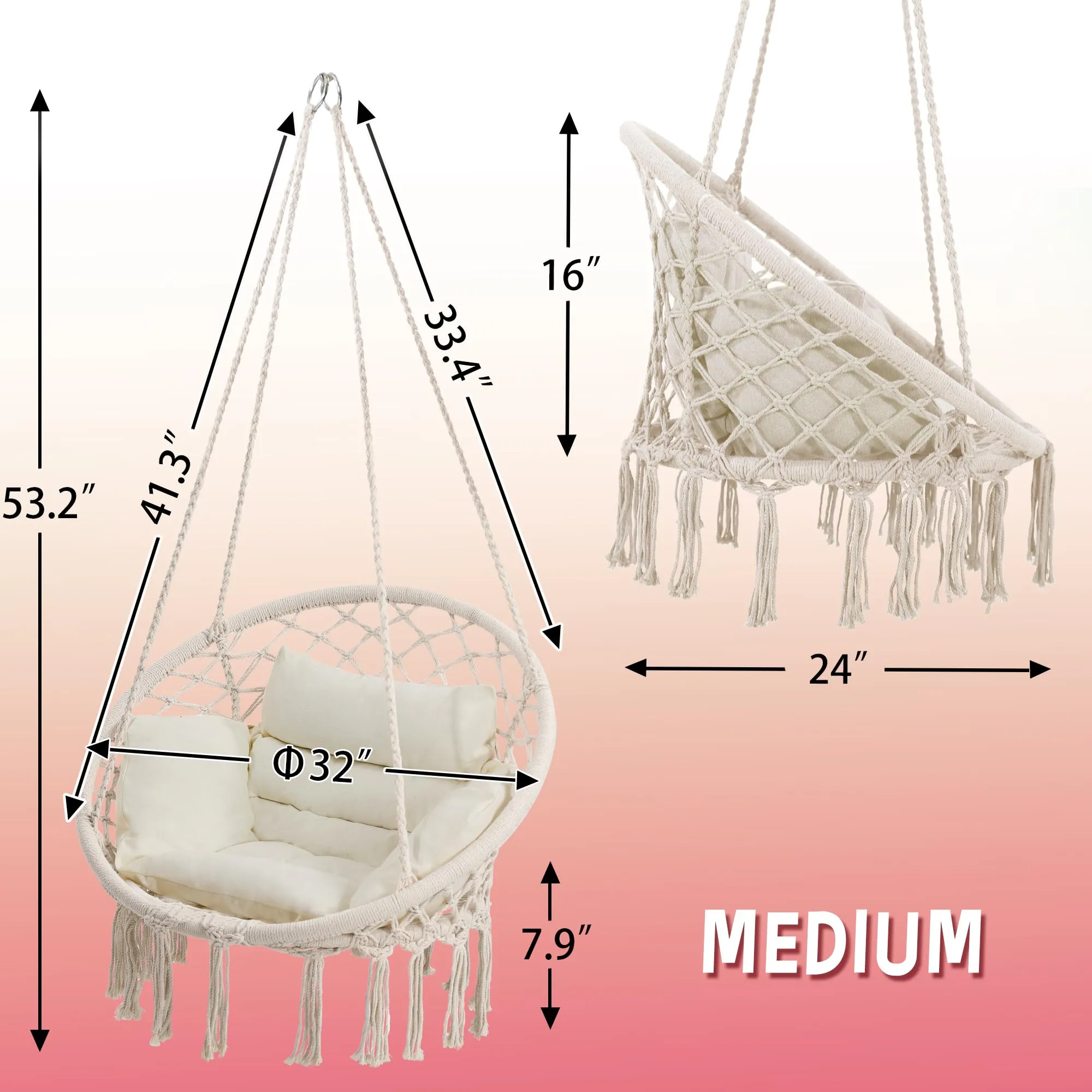 Macrame Hammock Hanging Swinging Chair with Medium Cushion