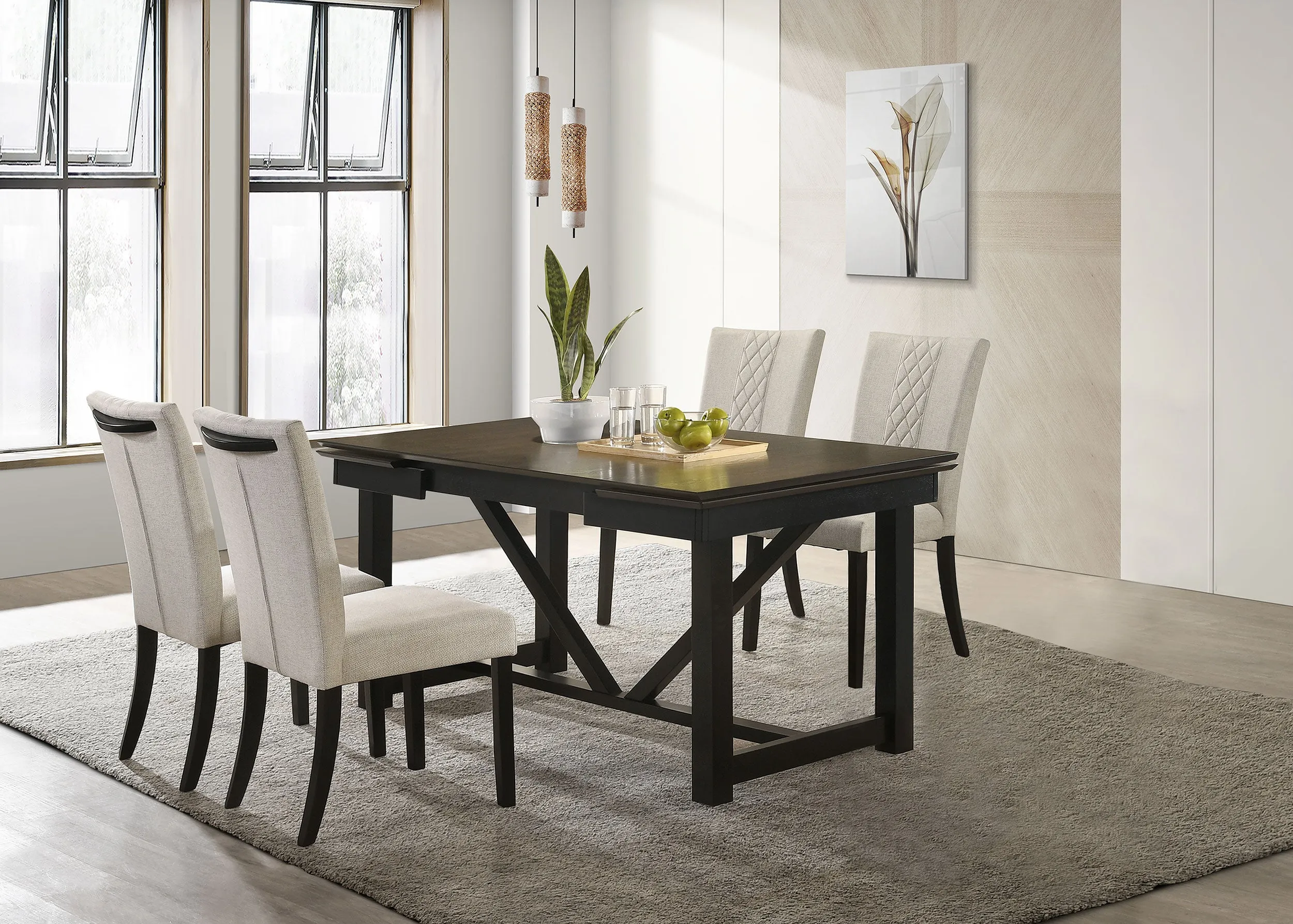 Malia Rectangular Dining Table Set with Refractory Extension Leaf Beige and Black