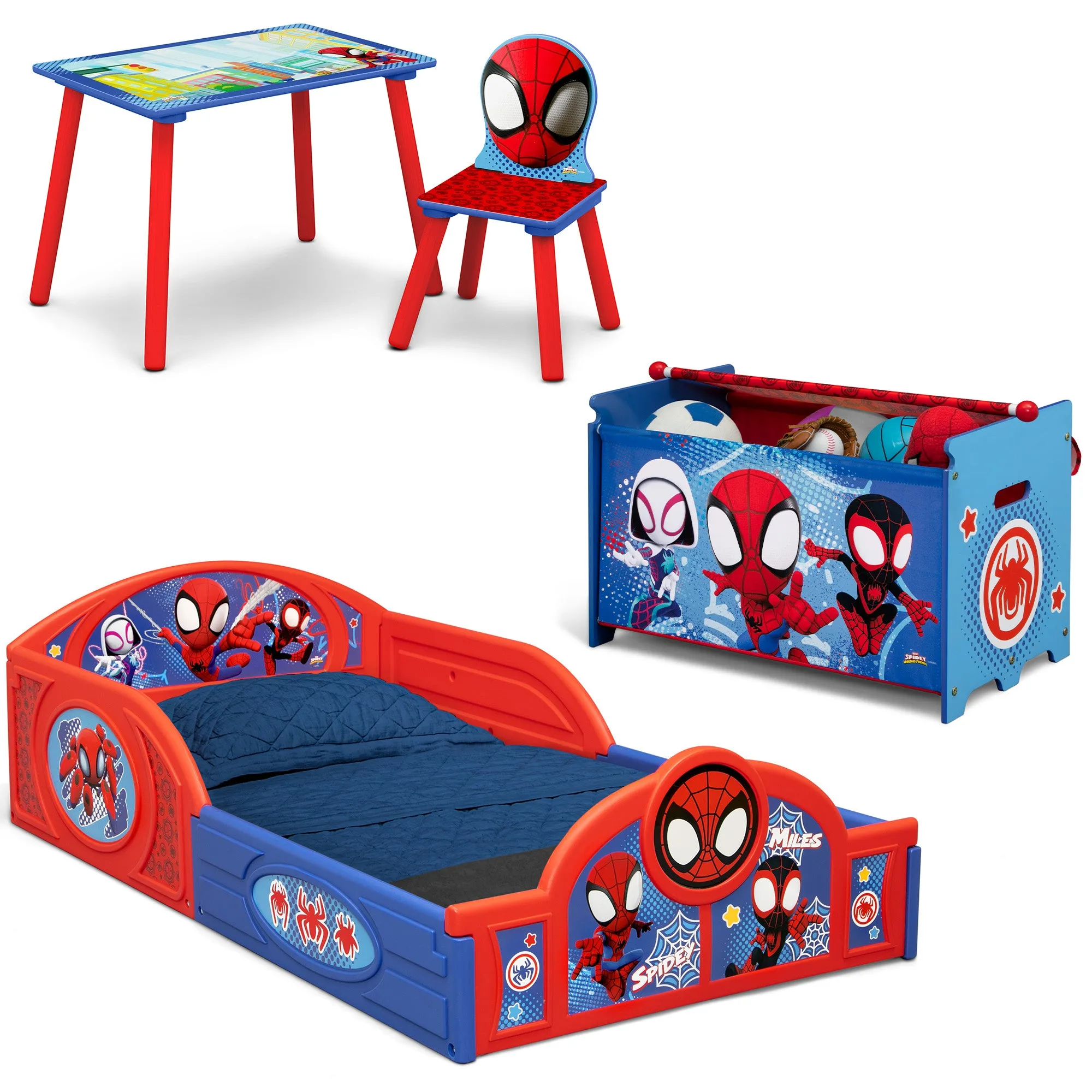 Marvel Spidey and His Amazing Friends 4-Piece Toddler Room-in-a-Box Set – Includes Sleep and Play Toddler Bed, Table, 1 Chair and Toy Box