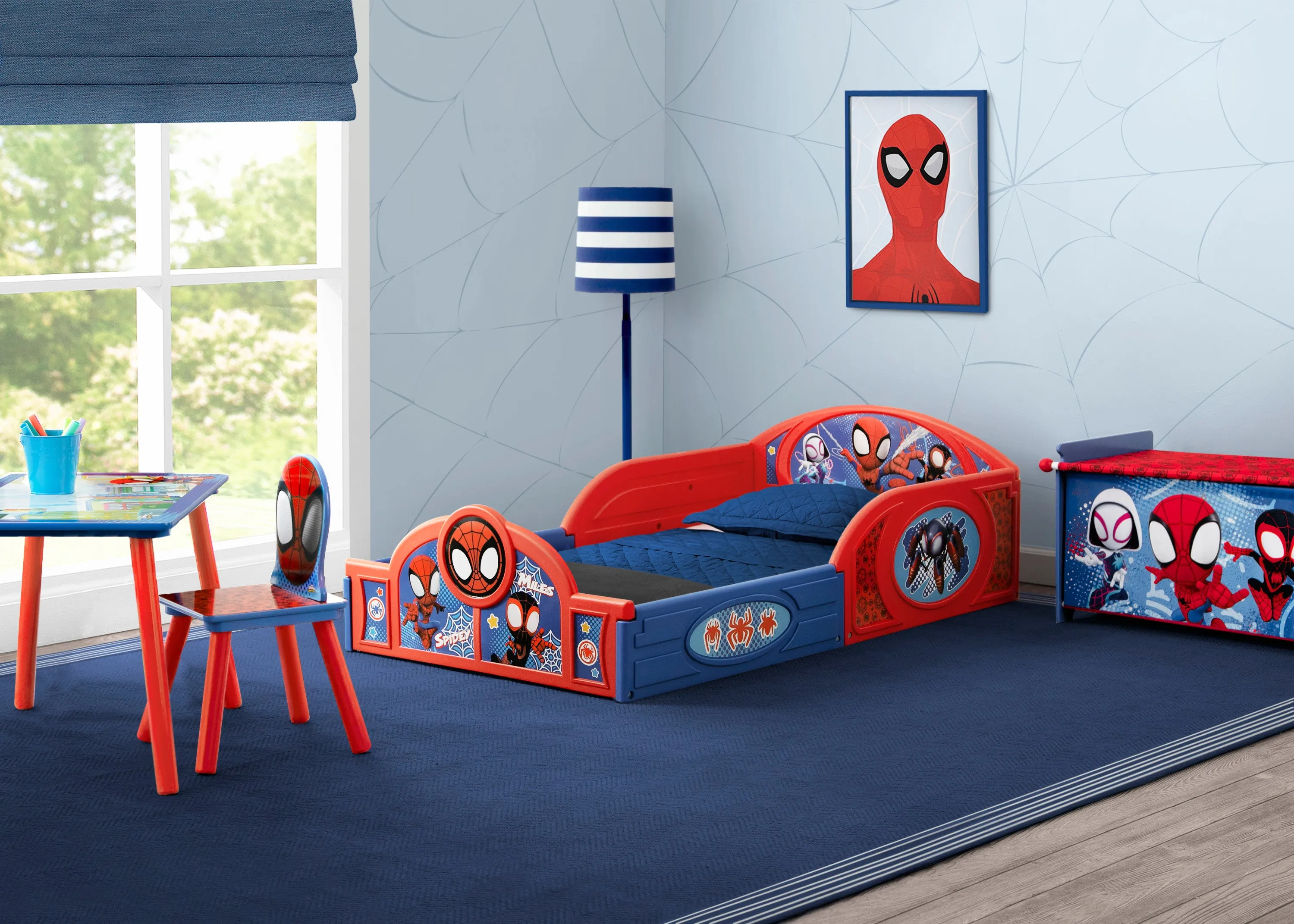 Marvel Spidey and His Amazing Friends 4-Piece Toddler Room-in-a-Box Set – Includes Sleep and Play Toddler Bed, Table, 1 Chair and Toy Box