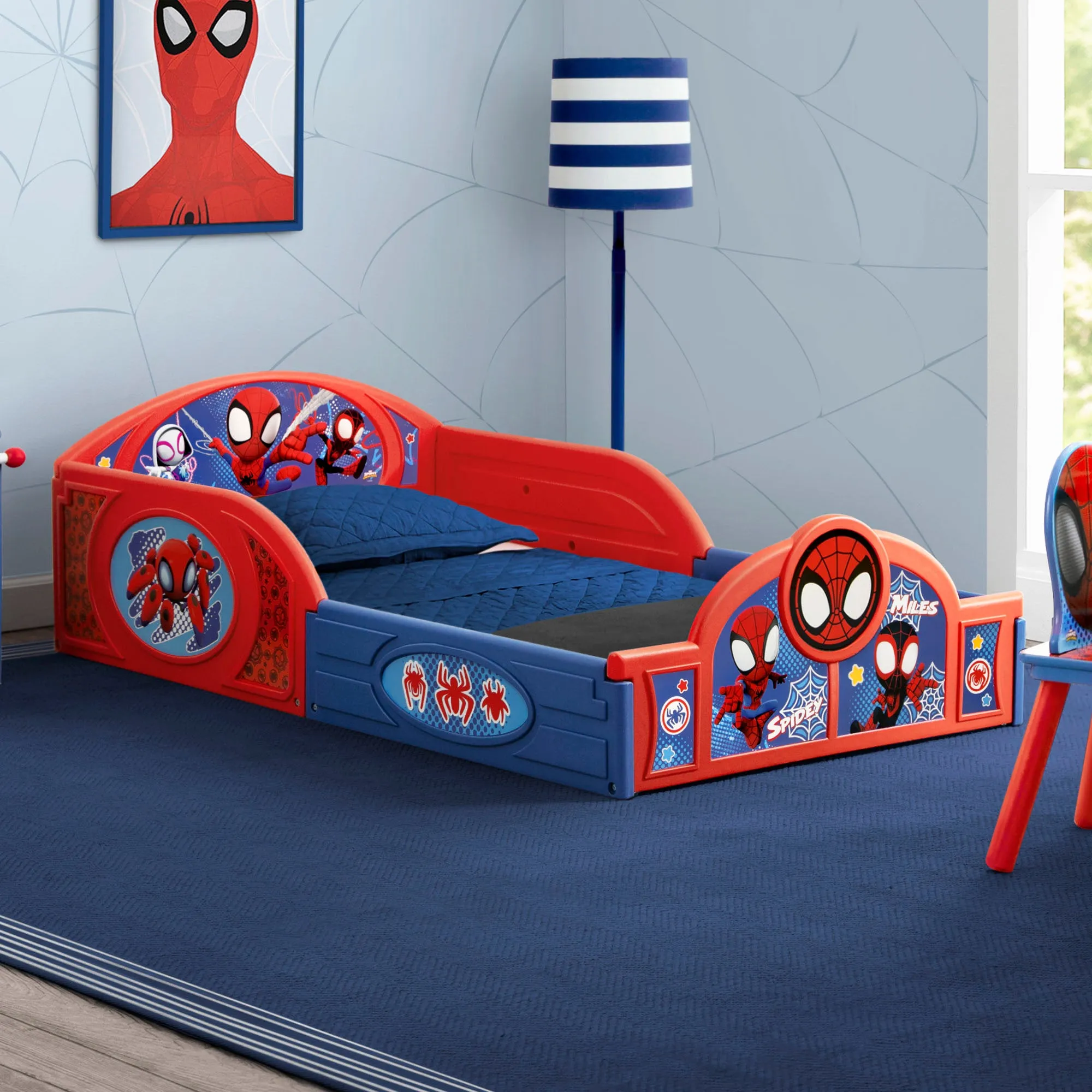 Marvel Spidey and His Amazing Friends 4-Piece Toddler Room-in-a-Box Set – Includes Sleep and Play Toddler Bed, Table, 1 Chair and Toy Box