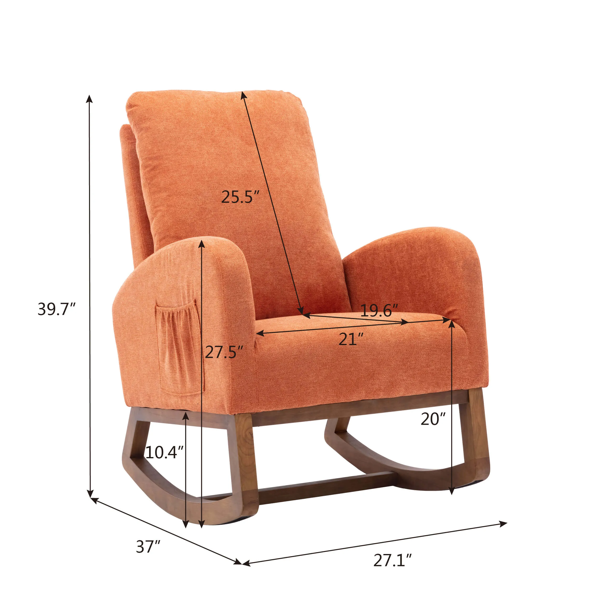 Mid Century Rocking Chair Glider Rocker Armchair Retro Upholstered Indoor Nursery Chair, Orange