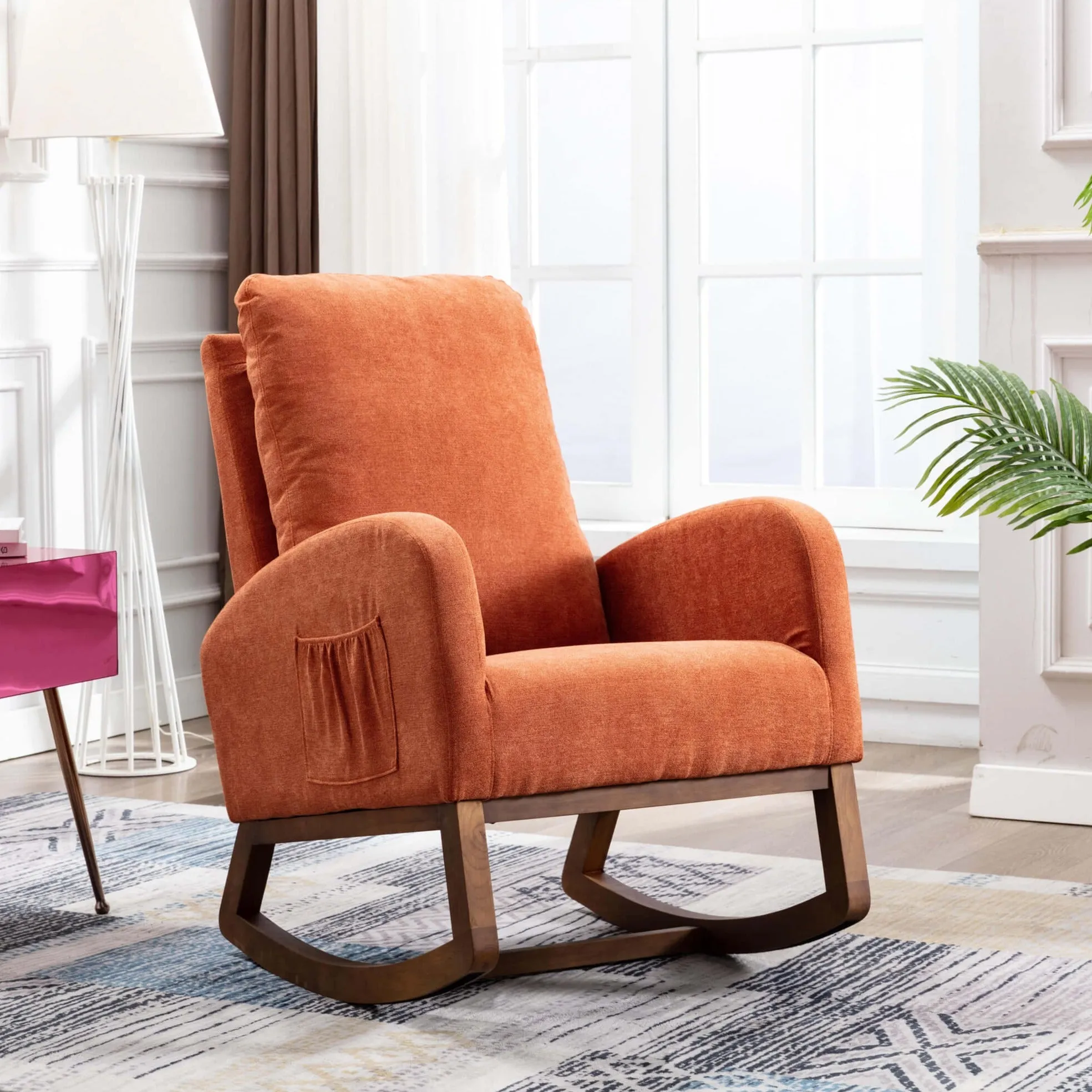 Mid Century Rocking Chair Glider Rocker Armchair Retro Upholstered Indoor Nursery Chair, Orange