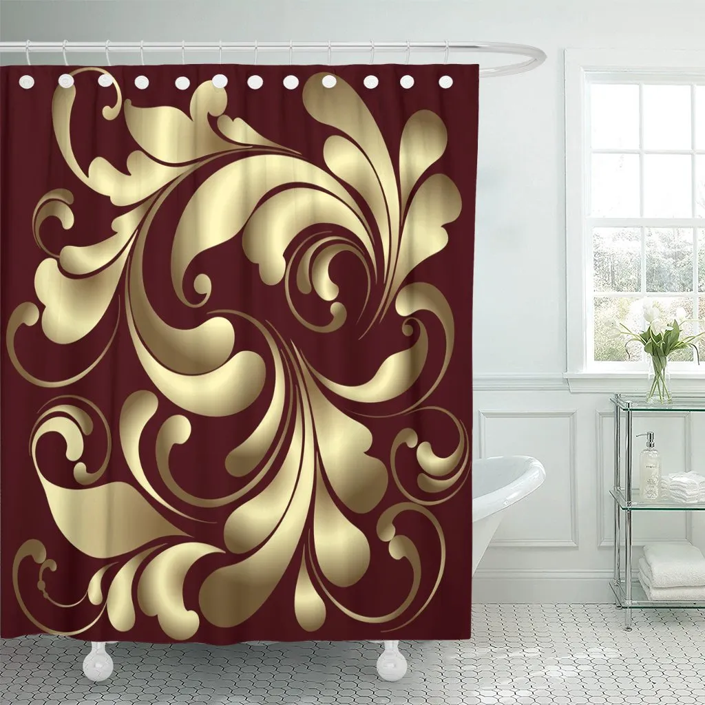 PKNMT Abstract Luxury Gold Pattern on Burgundy Beauty Bling Border Shower Curtain 60x72 inches