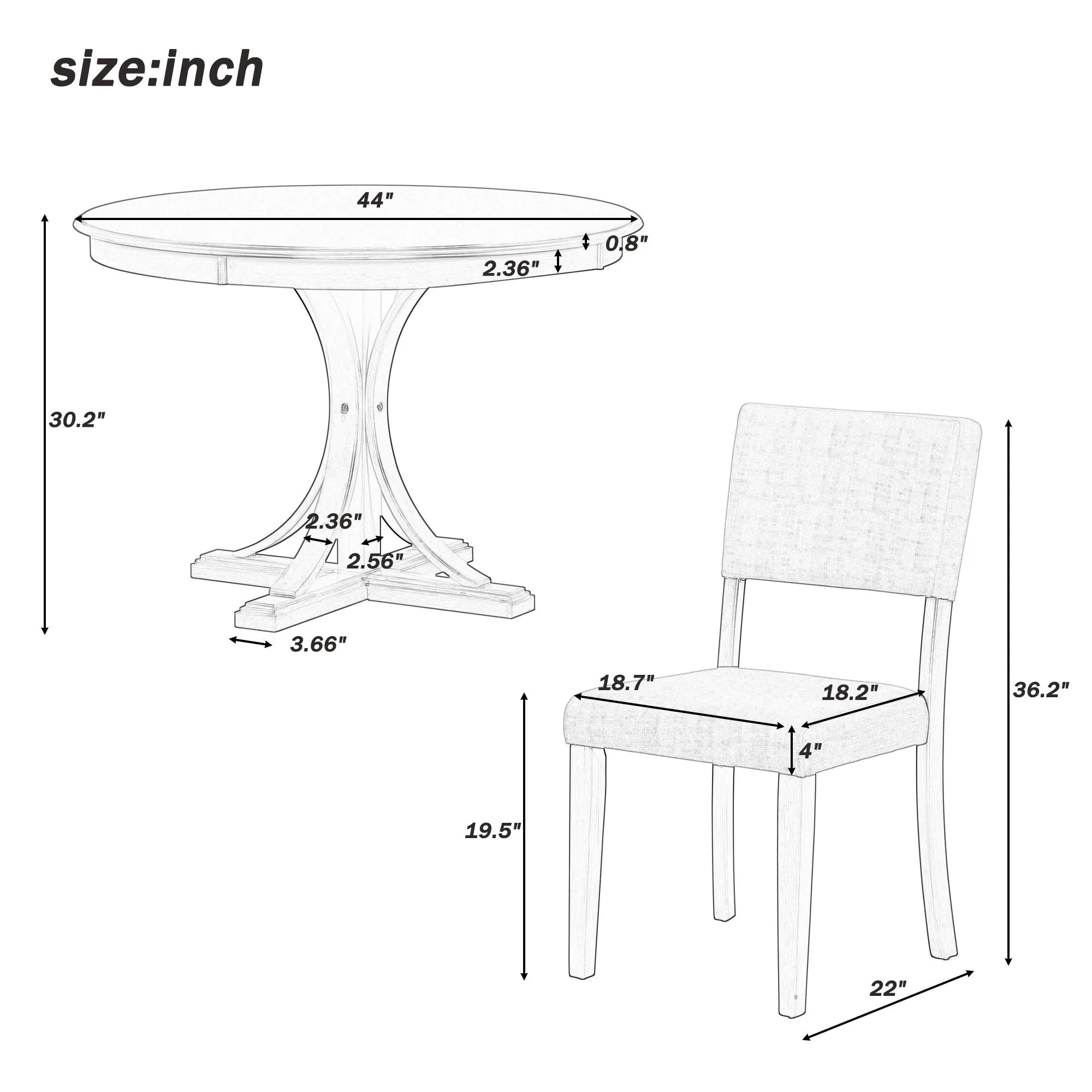 Retro Round Dining Table Set With Curved Trestle Style Table Legs And Upholstered Chairs For Dining Room