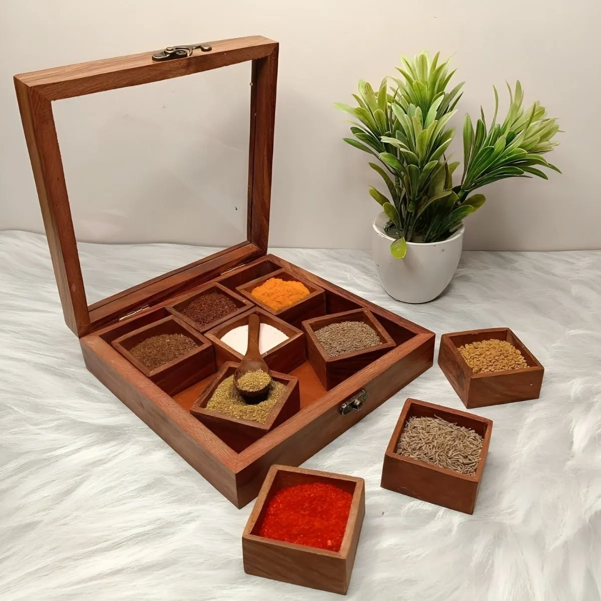 Sheesham Wood 8 Compartment Spice Holder