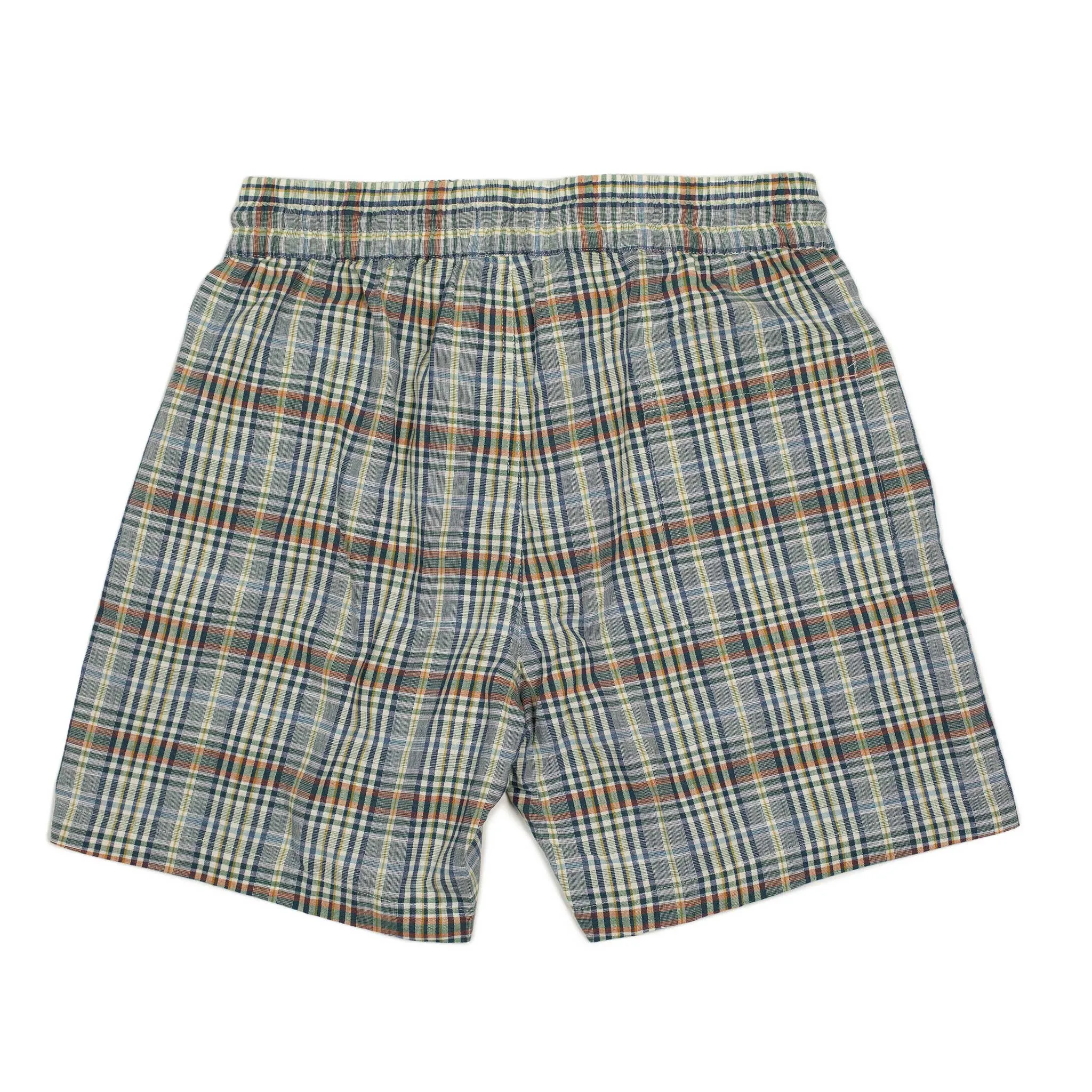 Summer Plaid easy shorts in blue, white, and green cotton plaid