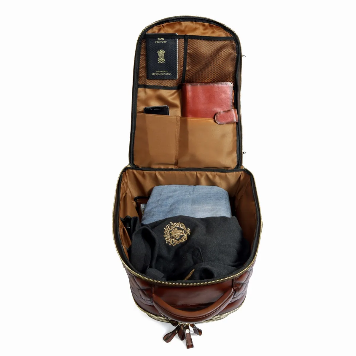 Super Functional Backpack Diamond Stitched Dark Brown Leather with Embossed Lion Logo by Brune & Bareskin